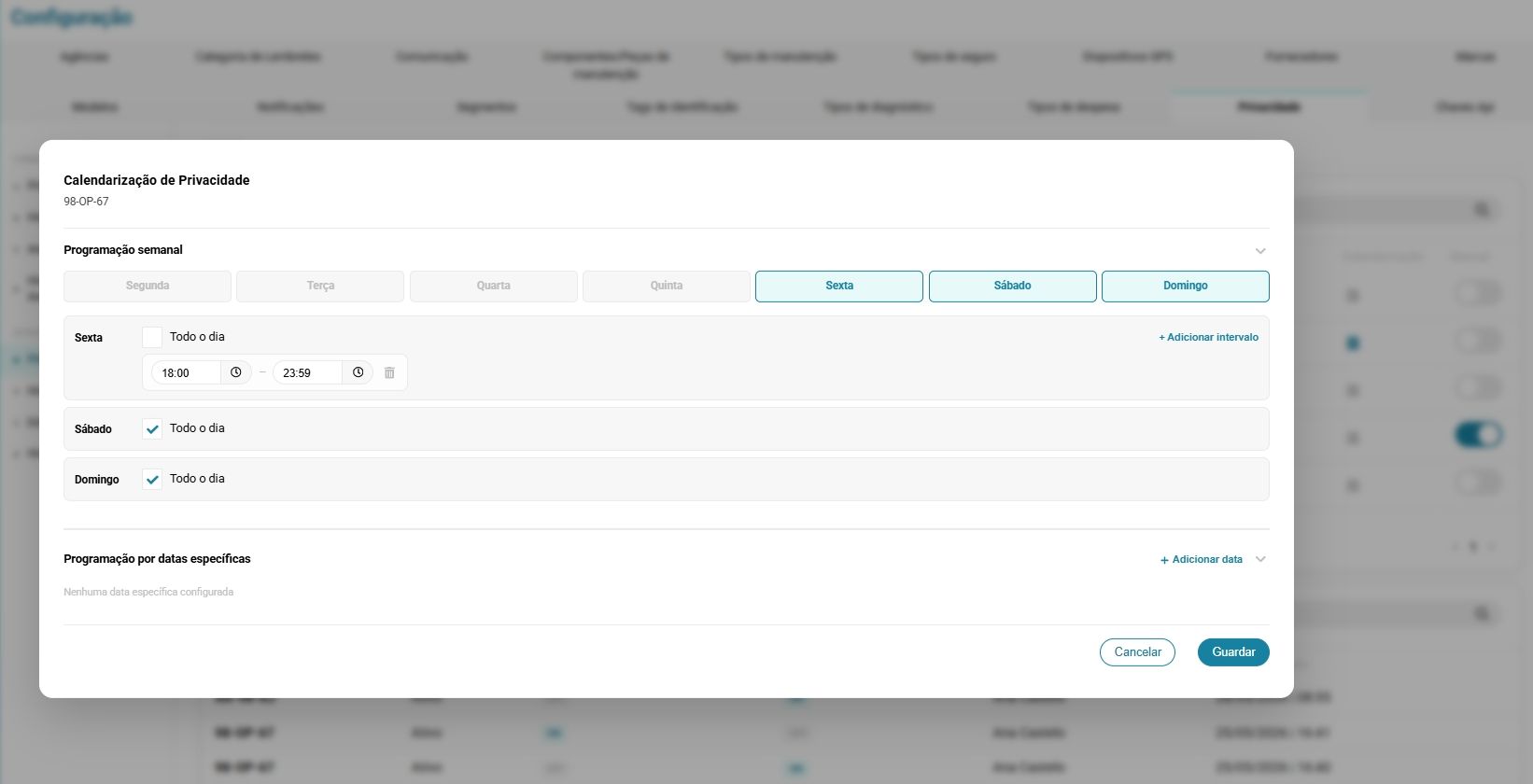 Painel de gestão de privacidade telemática FleetMax com calendarização e anonimização por ativo