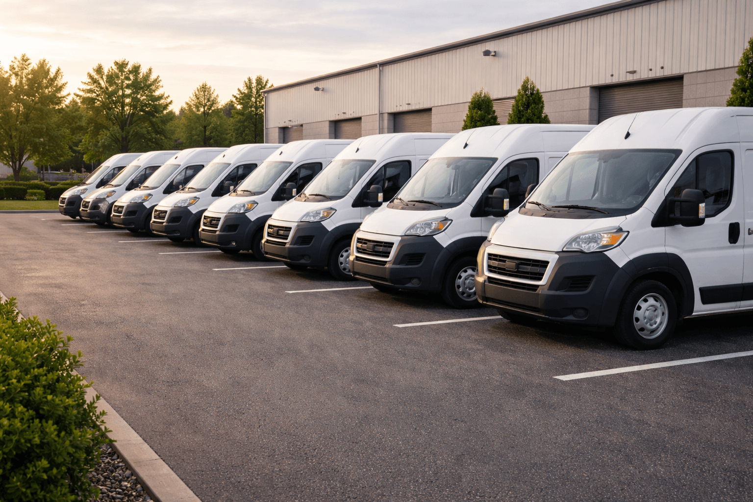 Flotte de véhicules commerciaux bien entretenus alignés dans un parc d'entreprise, gestion de maintenance avec FleetMax