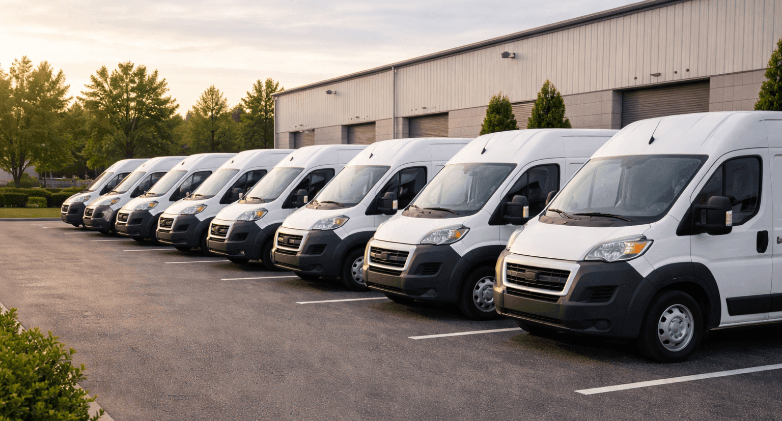 Frota de viaturas comerciais bem mantidas alinhadas em parque empresarial, gestão de manutenção com FleetMax