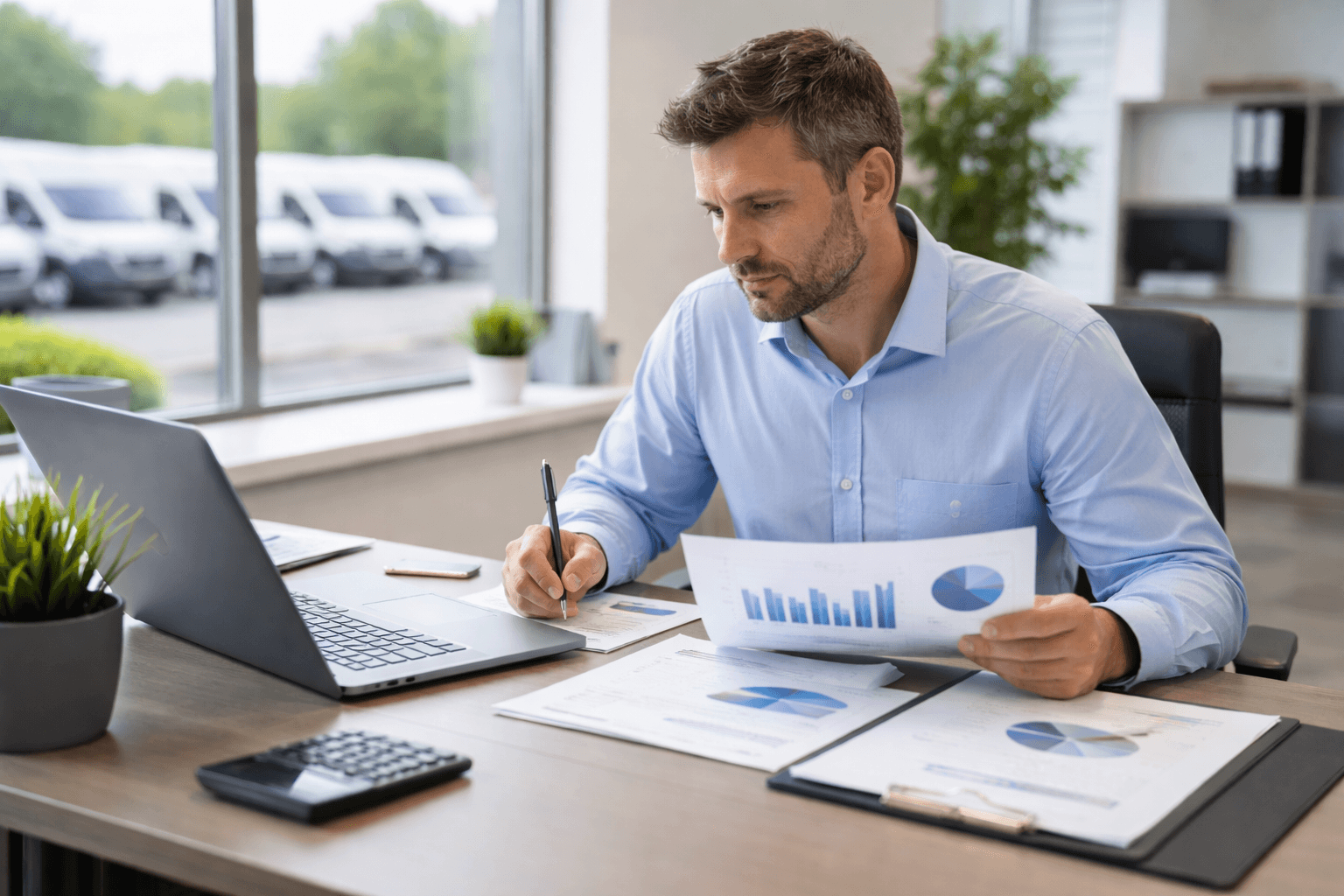 Gestor de frota a analisar relatórios de custos de manutenção preventiva em computador portátil