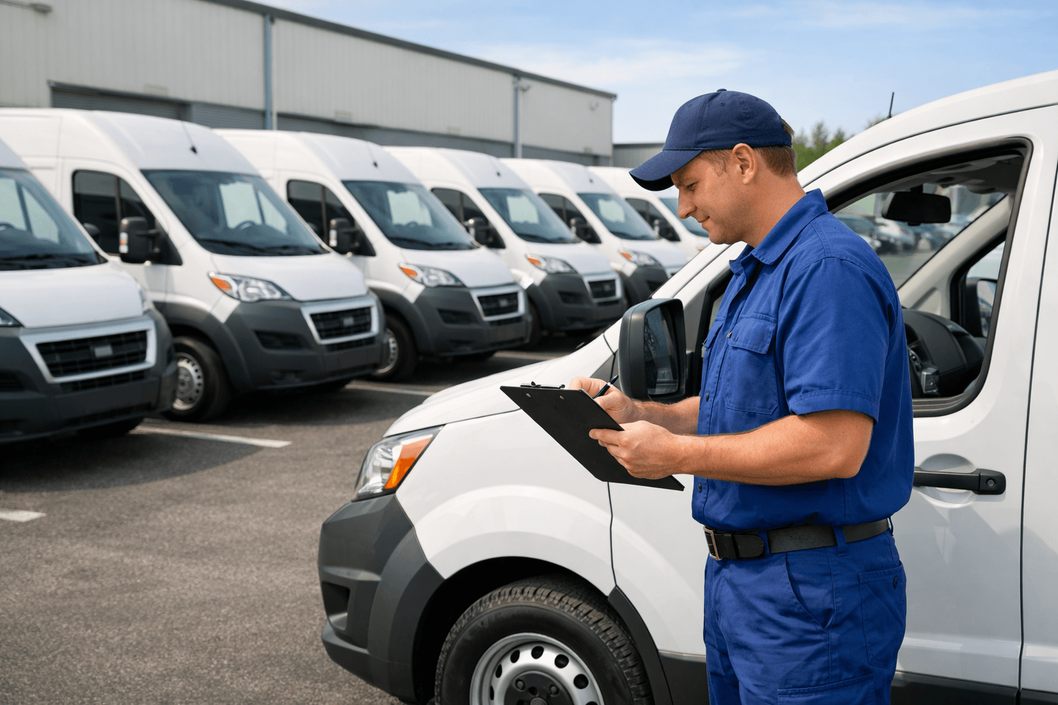Mecânico a inspecionar viatura de frota empresarial com clipboard durante manutenção preventiva