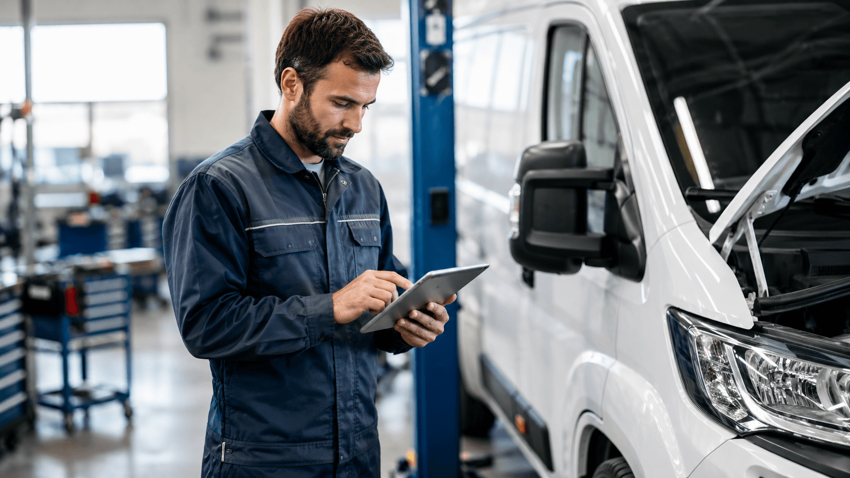 Gestion de la maintenance d'une flotte, technicien enregistrant une intervention sur une tablette