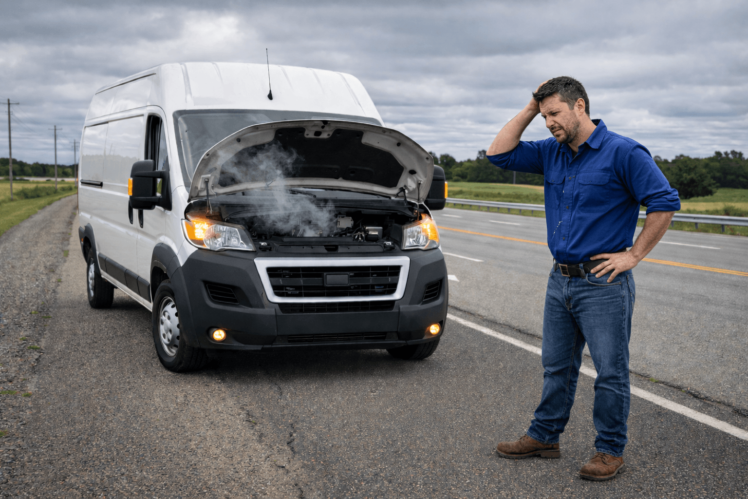 Viatura de frota empresarial avariada na estrada a aguardar assistência, exemplo de manutenção corretiva
