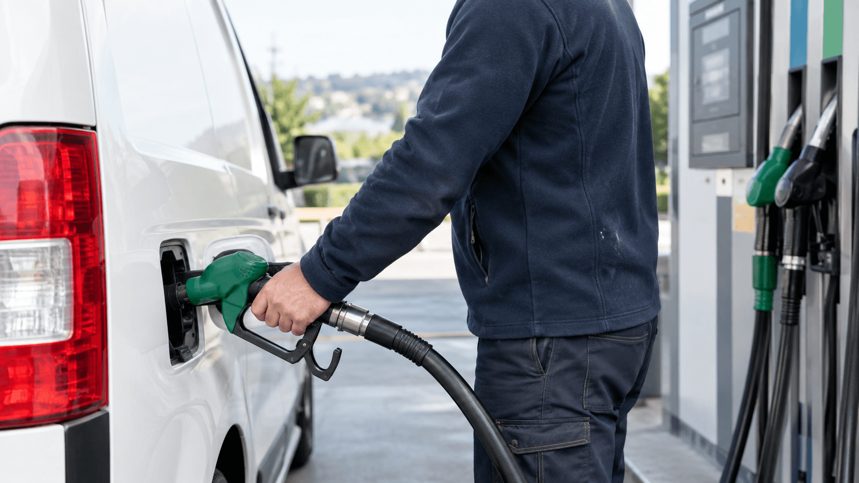 Condutor a abastecer uma carrinha comercial de empresa num posto de combustível