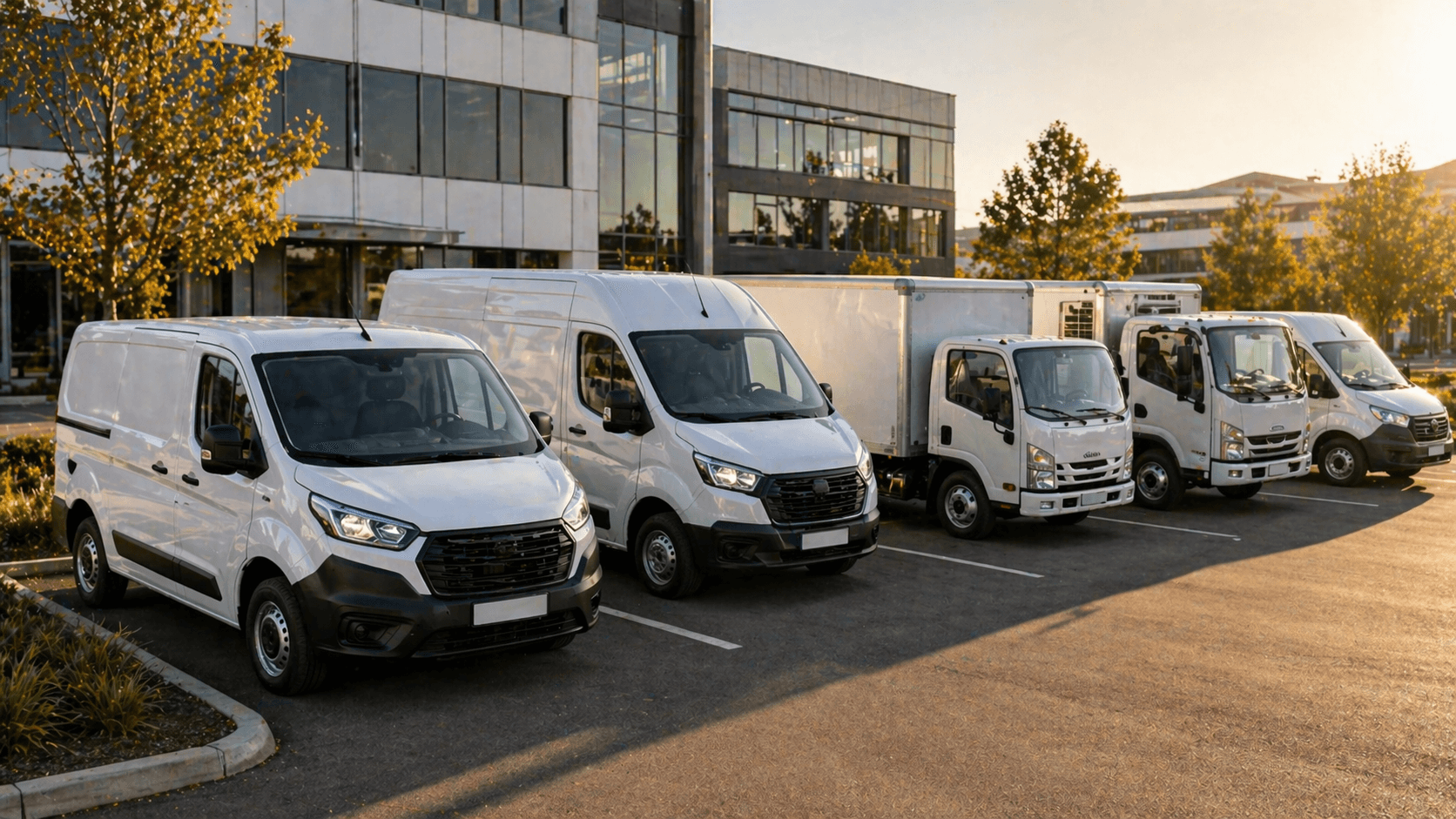 Frota empresarial renovada por contrato de renting (AOV) com viaturas comerciais alinhadas em parque empresarial