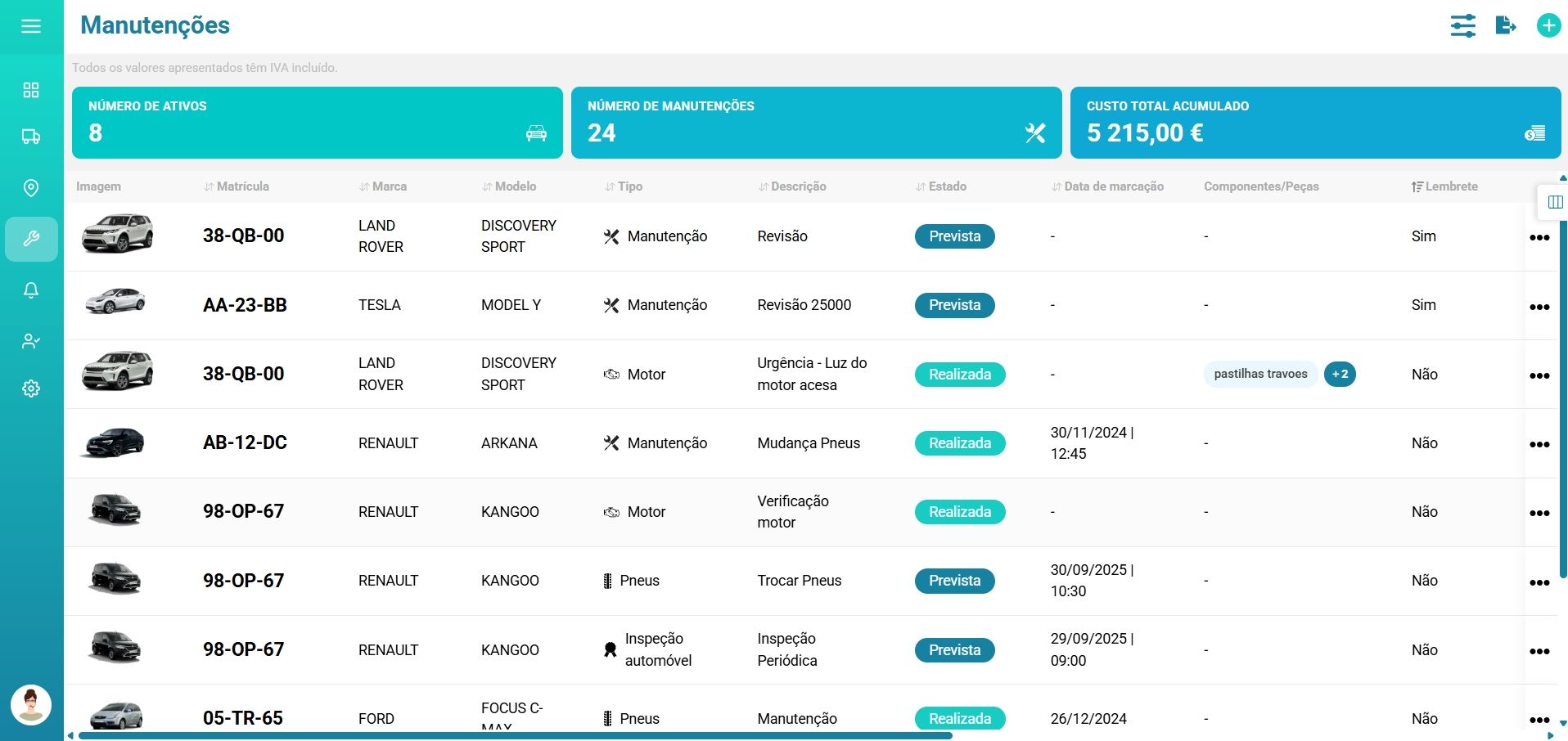 Dashboard do software de gestão de manutenção de frota FleetMax com alertas e histórico de intervenções